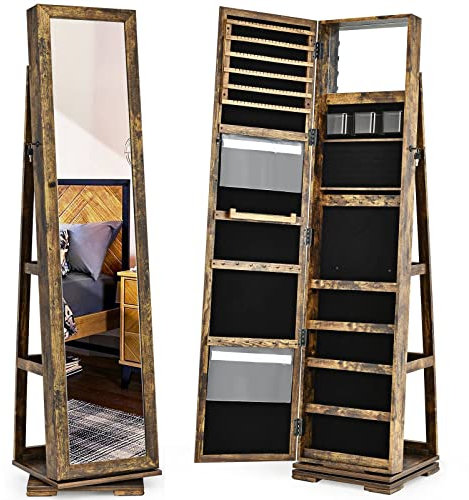 COSTWAY 3-in-1 Jewelry Cabinet, Lockable Jewelry Armoire Storage Unit with Full Length Mirror and Display Shelf, Home Bedroom Dressing Room Cosmetics Jewellery Organiser (360° Swivel Rustic Brown)