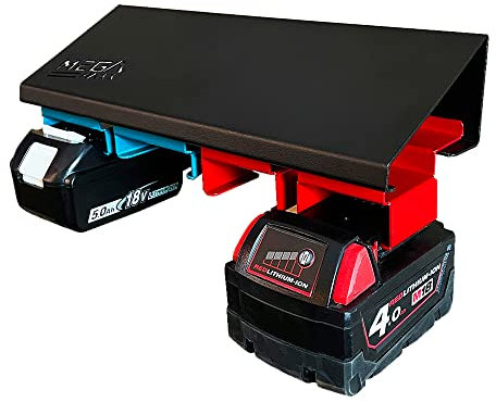 MegaMaxx Heavy Duty Steel Power Tool Battery Storage Holder - Wall Mountable Racking Drill DIY Workman Storage Unit - Makita and Milwaukee Cordless Batteries Organiser (Red and Blue)