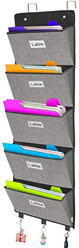 VERONLY Hanging Wall File Folder Organiser - Over Door Storage Magazine Holder with 5 Large Pockets for School Paper,Document,Mails,Books,Newspapers,Letter Behind Pantry Door,Classroom,Office (Grey)