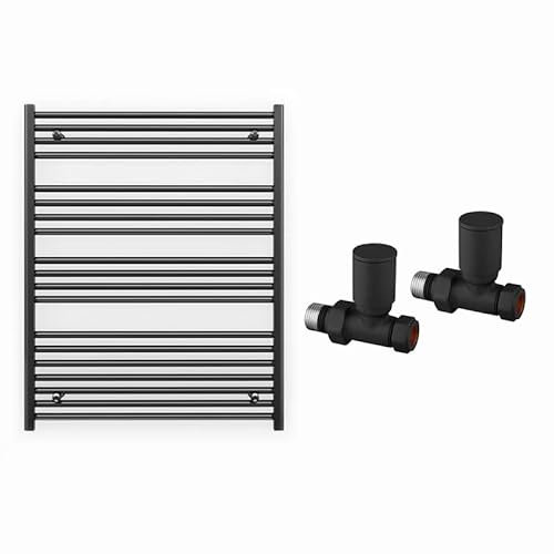 Myhomeware 700mm Wide Straight Black Heated Bathroom Towel Rail Radiator With Valves For Central Heating UK (With Black Straight Valves, 700 x 1000mm (h))