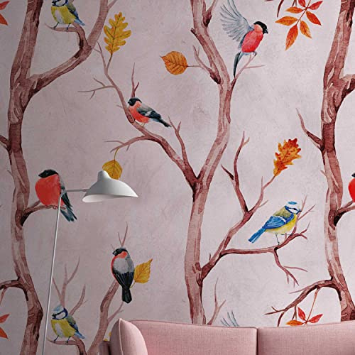 TADESSI | Fototapete | Vliestapete | Digitaldruck im Landhaus Stil | Rosa | 1.59 x 2.80 m | Vögel | Tapete für Wohnzimmer - Flur - Büro - Küche - Wohnräume