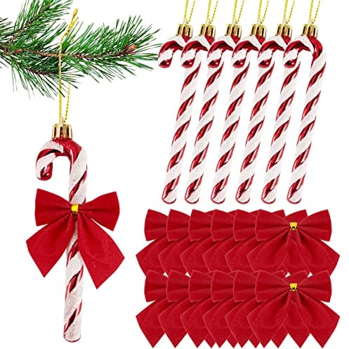 18pcs Christmas Decorations Candy Canes Red White and Small Red Bows for Christmas Tree Decorations Hanging Ornaments (Red)