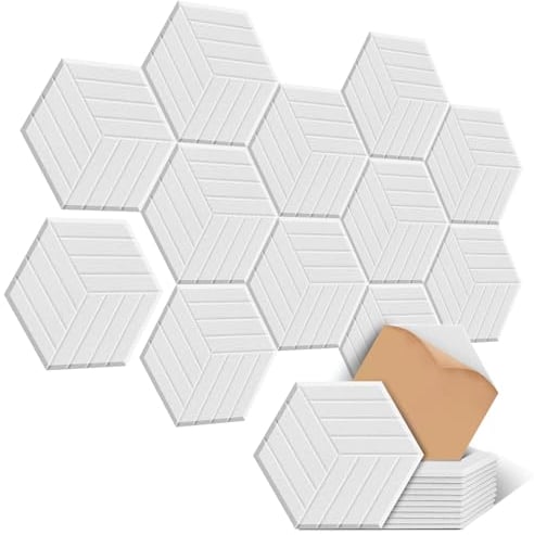 JAMELO 12 Stück sechseckige selbstklebende Akustikplatten aus Polyester zur Schalldämmung, 35 x 30 x 1 cm filzartige schallabsorbierende Akustikpaneele für die Wand Decke Tür vom Studio Büro Weiß