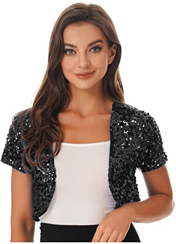 CHICTRY Bolero Damen Festlich Pailletten Jacke Blazer Glitzer Kurzarm Open Front Cardigan Top Kurz Hochzeit Braut Schal Brautjacke Silvester Outfit
