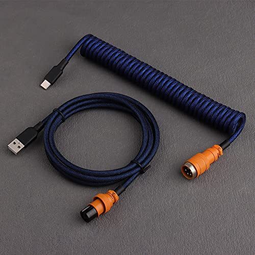 DucKey Double-Sleeved Detachable Aviator Connector USB-C Coiled Cable For Custom Gaming Mechanical Keyboards (Color : Dark Blue Orange)