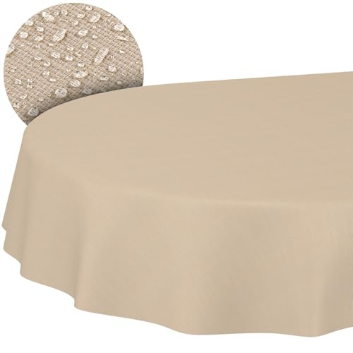 ANRO Tischdecke abwaschbar Damast Beige oval 160x140 cm Gartentischdecke | schmutz- & wasserabweisend, pflegeleicht – waschbar bei 30 °C – ideal für Garten, Terrasse & Esszimmer