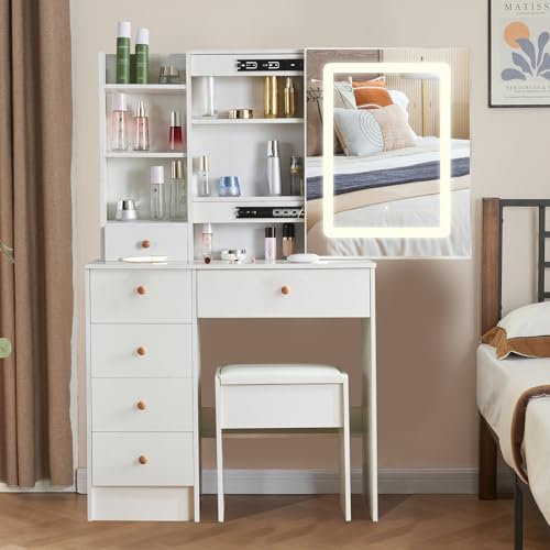 Dressing Table with LED Lights, White Vanity Makeup Table Set with Lighted Mirror, Modern Cosmetic Bedroom Dresser Make up Desk with Storage Drawers and Shelves (t05)