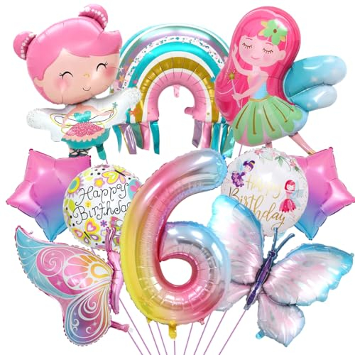 Schmetterling Deko Geburtstag, Luftballon 6. Geburtstag, Feen Deko, Regenbogen Stern Folienballon für Mädchen Jubiläum Motto Party Dekoration