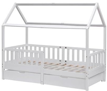 FurnitureHMD Wooden Kids Bed Frame,Solid Pine Wood,3 FT Single House Bed Frame,Chidren Floor Bed with Two Drawers,White,Natural (white)