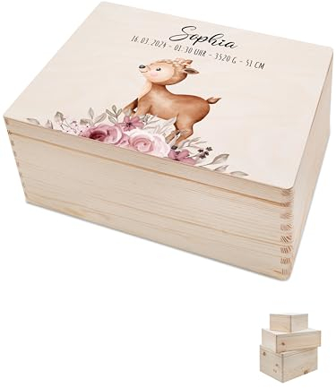 Bärenfreunde - Personalisierte Erinnerungsbox Baby mit Spezial-Druck - Individuelle Baby Erinnerungsbox - Erinnerungskiste aus Holz - Geschenk zur Geburt (S | Klappdeckel,Reh Rosen)