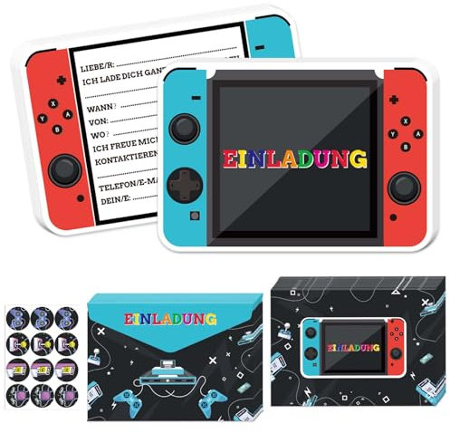 Betensh 12 Stück Einladungskarten Kindergeburtstag Junge Mädchen, 15×10cm Videospiel Einladung Kindergeburtstag Junge mit Umschlag, Videospiel Partyeinladungen, Einladungskarten Jungs für Gamer Party