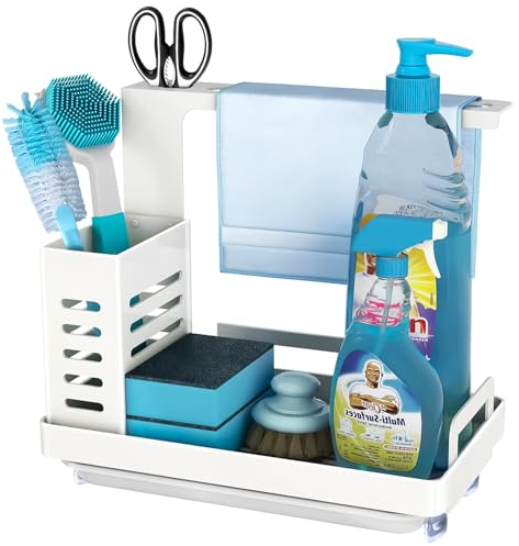 Spülbecken Organizer Spülbecken Caddy Organizer Edelstahl Utensilien Korb für Küche & Badezimmer mit Abflusspfanne, Klebstoff Arbeitsplatte Dual-Use Schwamm Bürste Seifenschale Halter (Weiss)