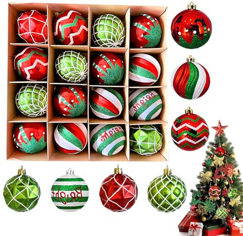 16 Stück Weihnachtskugeln Kunststoff Set Rot Grün, Mehrweg Weihnachtsbaum Deko Weihnachten, Christbaumschmuck Mit Aufhänger, Für Weihnachtsdeko,Weihnachtsbaumkugeln Aus Glas(Rot Grün Skugeln).