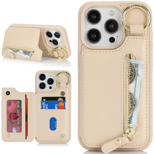 Zouzt for iPhone 12 Pro Max / 13 Pro Max 6.7 Inch Wallet Case with Card Holder for Men Women, PU Leather Kickstand Credit Slots Case, Key Ring Zipper Shockproof Protective Phone Cover - Almond