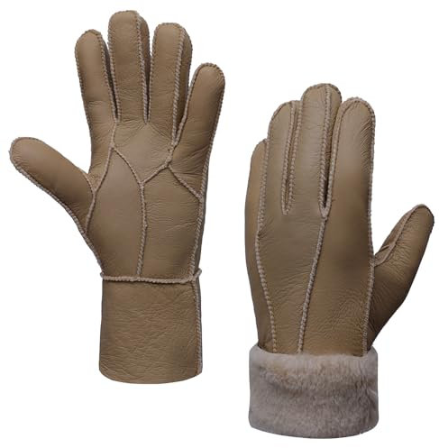 MGGMOKAY Damen Lederhandschuhe Schaffell Handschuhe aus Shearling Warme Winterhandschuhe,Hellbraun,XXL
