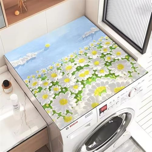 Treer Tappetino per Lavatrice Antiscivolo Assorbente Copertura per Lavatrice Morbido, 3D Stampa di Fiori Tappetino Protezione Superiore per Frigorifero Asciugatrice (Verde Blu,50x60 cm)