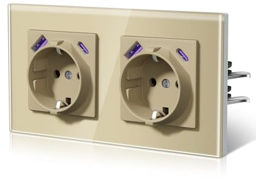 BSEED Steckdose mit USB C 20W, Schnellladen Wandsteckdose mit Krallen, EU-Standard Einbausteckdose Unterputz, Einfach Montage, 16A 250V, NEU E-Serie,2 Fach,157mm Gold