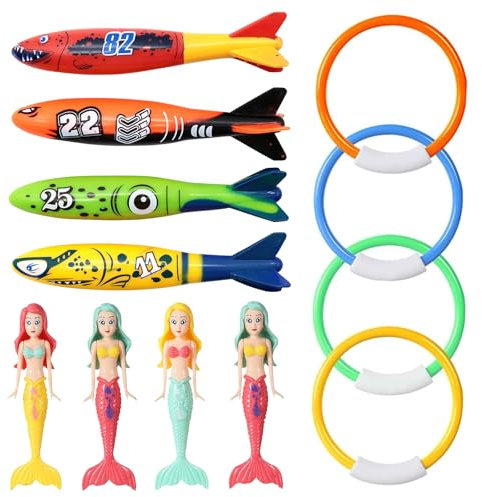 IOPJLK Unterwasser Tauchspielzeug Set 12 Stück, Tauchringe für Kinder ab 4-12, Bunte Tauchringe Tauchtorpedos und tauchende Meerjungfrauen Set, Sommer Poolparty Geschenk für Jungen und Mädchen