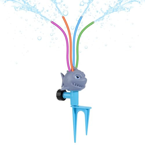 MoKo Water Sprinkler for Kids, Shark Toddler Outdoor Toys with 4 Wiggle Tubes and Hose Clamp, Outdoor Play Toys Spray Up to 8ft, Summer Water Toys Sprinklers for Yard Lawn Garden Pool, Gray