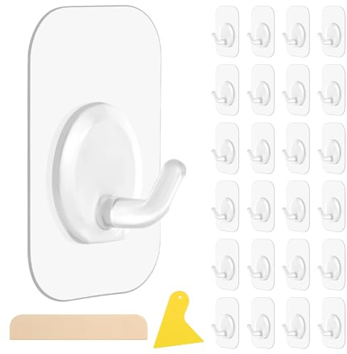 HOTUT Selbstklebende Haken, 24 Stück Klebehaken extra stark, mit Schaber, Klebehaken Transparent für Fensterrahmen, Flexible Wandhaken ohne Bohren für Küche, Bad (5kg Max)