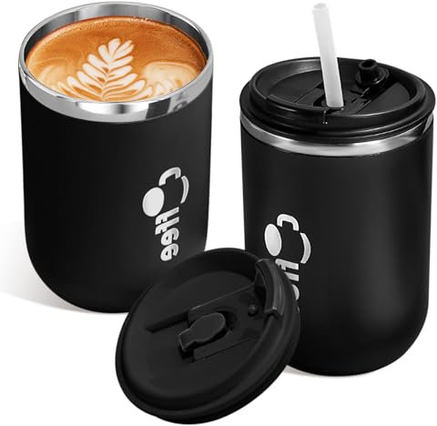 Tasse à café de voyage de 500 ml avec couvercle et paille - Gobelet isotherme à double paroi en acier inoxydable pour boissons glacées, boissons chaudes - Utilisation en intérieur et en extérieur