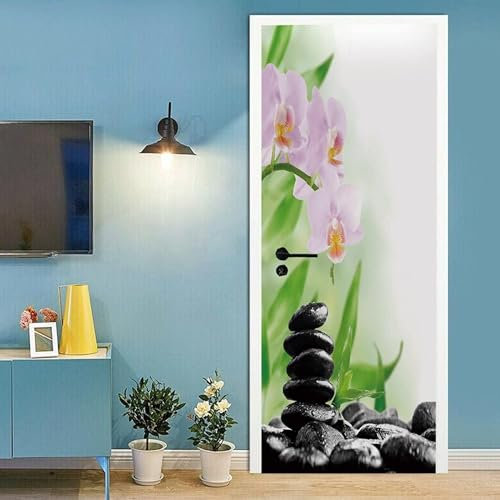 Türtapete Selbstklebend 77x200 Stein Türaufkleber 3D Türposter Orchidee Fototapete Türfolie Türklebefolie Wasserdichte für Türwand Dekoration Tapete a.3424