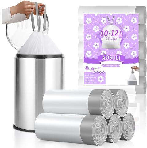 AOSULI Kleine Müllbeutel 10L Müllsäcke 12L mit Zugband Blickdicht Mülltüten für Badezimmer Büro,75 Stück Weiß Reißfest Mülltüten Kosmetikeimer Abfallbeutel