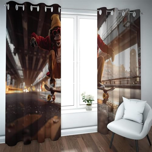 TOANGWALL Style Moderne rideaux occultants Singe Planche à roulettes Dans la Rue Sous le viaduc Motif rideaux de fenêtre pour Sous-Sol 2 panneaux B117xH137cm