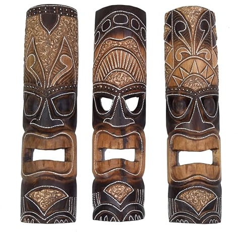 3 Tiki Hawaii Masken aus Holz in 50cm zum Aufhängen