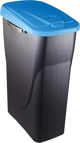 M home by Mazzei Mondex - Poubelle de Tri Sélectif 25L en Plastique - Ouverture facile Push - Cuve Gris Anthracite avec Couvercle de Couleur Bleu - Idéale pour Cuisine, Cellier - Fabriquée en France