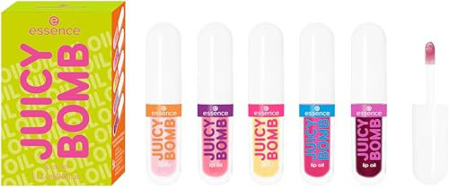 essence JUICY BOMB lip oil set 02 POUT OF PARADISE, Lippenöl-Set aus 5 Shades, tropischer Duft, glänzendes Finish, für gepflegte Lippen, 5×2,4ml