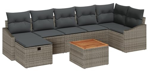 vidaXL 8-teiliges Garten-Sofa-Set mit Kissen in Grau aus Poly Rattan | Integrierter Stauraum, stylische Outdoor-Lounge, modulares, sektionales Sofa mit Couchtisch, wetterfeste Möbel für die Terrasse.