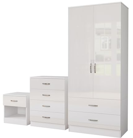 Nera Gloss White 3 Piece Bedroom Furniture Set 2 Door Wardrobe with 2 Drawers 4 Drawer Chest & Bedside Table Bedroom Set
