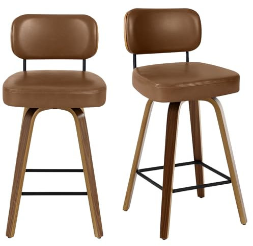 Bekrvio 360°Drehbarer Barhocker 2er Set mit Lehne, 65cm Sitzhöhe Drehsessel–Barstuhl mit Kunstleder & Massivholz, Bar Hocker mit 4 Holzbeinen, Moderner Tresenhocker für Küche & Theke