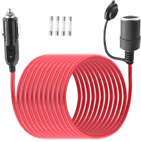 LANMINGLEL 14AWG Auto Zigarettenanzünder Verlängerungskabel, 12V / 24V Heavy Duty Zigarettenanzünder Verlängerungskabel mit LED Licht und 20A Sicherung, für Reifenpumpe, Luftkompressor (4M)