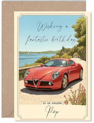 Pop-Geburtstagskarte – roter Sportwagen – Happy Birthday Karte für Pop von Sohn, Tochter, 12,7 x 17,8 cm, Landschaftslandschaft, Geburtstagsgrußkarten
