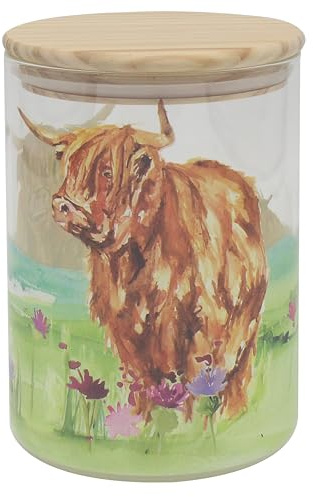 The Leonardo Collection Highland Cow Glass Food Storage Canister | Secure Lid, Food Safe, Pantry Organization, Reusable Container, Elegant Kitchen Accessory, Gift Ready