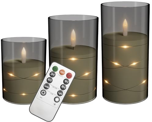 XMTECH LED Kerzen Set 3er – Flammenlose Echtwachskerzen Ø7,5 x 10/12,5/15 cm mit Fernbedienung, Timer & LED Lichterdraht – Batteriebetrieben, Flackernd, Deko für Innen & Außen – Mattgrau