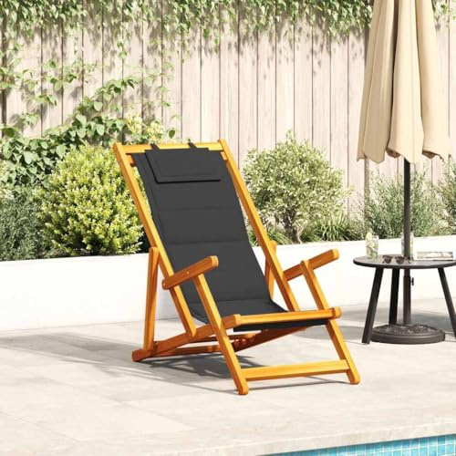 Teenpull Klappbarer Strandstuhl mit Armlehnen, Schwarz Akazie, Textilene gepolstert, verstellbar für Garten, Terrasse, Camping, Outdoor, 110 kg Tragkraft