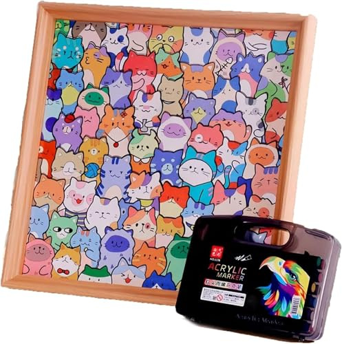 kumosaka DIY Wooden Cat Puzzle Frame, Colored Cat Shaped Wooden Jigsaw Puzzles, Creative Paintable Puzzle Photo Frame, Gift for Pet Lovers Home & Relaxation(12 Color Pens)