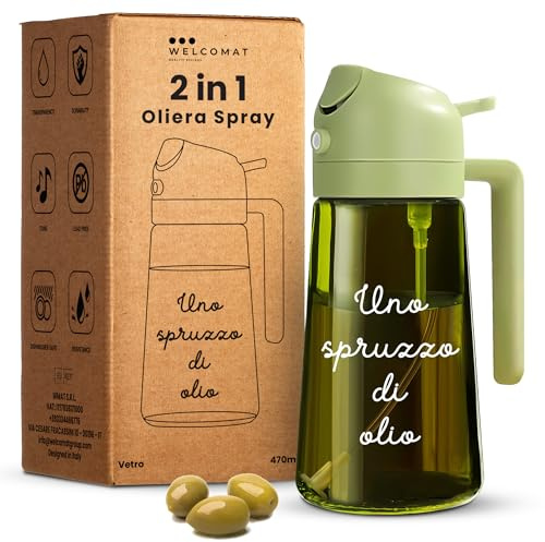 WELCOMAT Oliera Spray - 470 ml - Spruzzino Olio Per Friggitrice ad Aria, 2 in 1, Spray Nebulizzatore, Spruzzatore, Dosatore, Accessori Cucina, in Vetro, per Insalata, Bbq