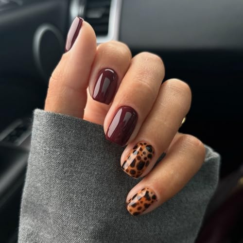 24PCS Short Square Leopard Print Press On Nails - Wine Red French Tip False Nails & Glossy Acrylic Full Cover, Elegant Set with 12 Sizes for Women Evening Dinners Night Events