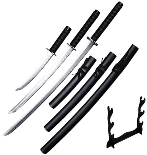 Ungeschliffenes Samurai-Katana Set - 3-teiliges Japanisches Schwert Set (Katana, Wakizashi & Tanto) - Profi 1095 Kohlenstoffstahl Deko-Schwerter für Sammler & Cosplay - Inkl. Ständer - Edles Schwarz