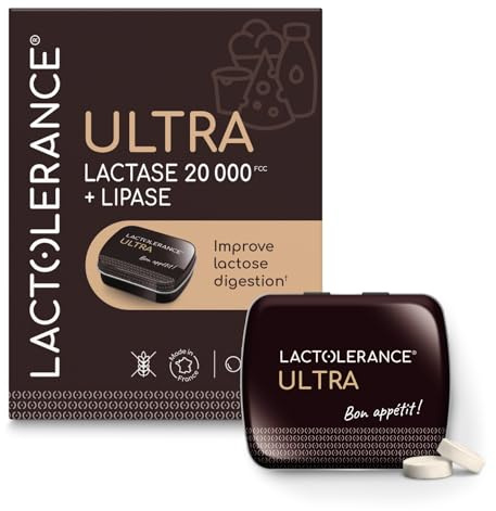 LACTOLERANCE Ultra High Strength Lactase Tablets 20,000 FCC, 36 Chewable | Lactose intolerance support for dairy and fatty meals, with Lipase 500 UI, digestive enzymes, chew or swallow, from France