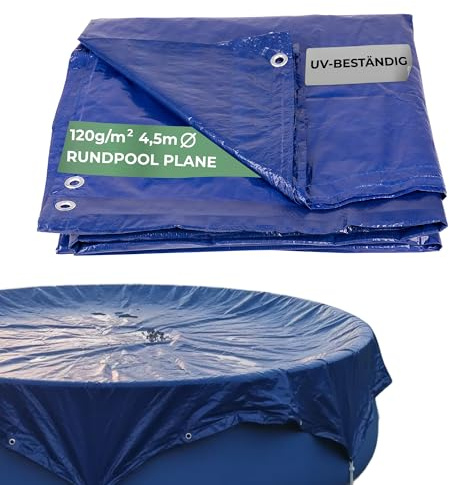 STREND PRO Pool Abdeckplane Ø4,5m – Wasserdicht mit Ösen | Winterabdeckung 120g/m² | Gewebeplane blau | UV-beständig | Poolabdeckung | Regenplane | Abdeckfolie Garten | Runde Poolabdeckung