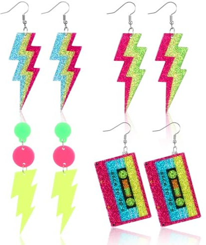 Ouligay 4 Paar 80er 90er Neon Earrings für Damen Neon Accessoires | Ohrringe Im 80er 90er Jahre Stil für Damen Acryl Blitzohrringe Neon Accessoires für Damen Retro Partyschmuck