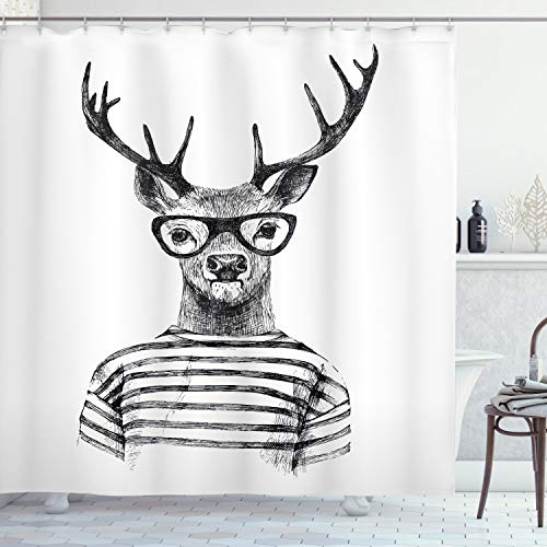 ABAKUHAUS Hirsch Duschvorhang, Rentier-Kopf-menschlicher Hipster, Stoffliches Gewebe Badezimmerdekorationsset mit Haken, 175 x 220 cm, Grau Weiß