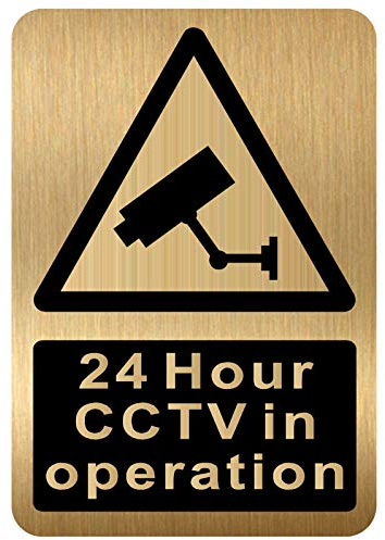METAL 24 Hour CCTV In Operation Sign WITH IMAGE Brushed Gold Aluminium Warning Door Notice Office Warehouse Shop School Cafe Restaurant Pub Business Hotel Premises Camera Recording MS32