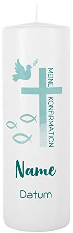 Herz & Heim® Konfirmationskerze mit Gratis Aufdruck des Namens u. des Datums 8 x 25 cm Fisch und Taube türkis