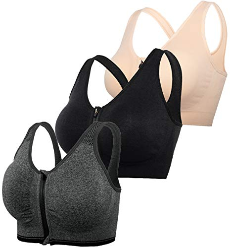 DODOING Zip Front Sports Bra Post Surgery Bra Yoga Bra Workout Fitness Activewear Racerback Padded Bras for Women(3PCS)
